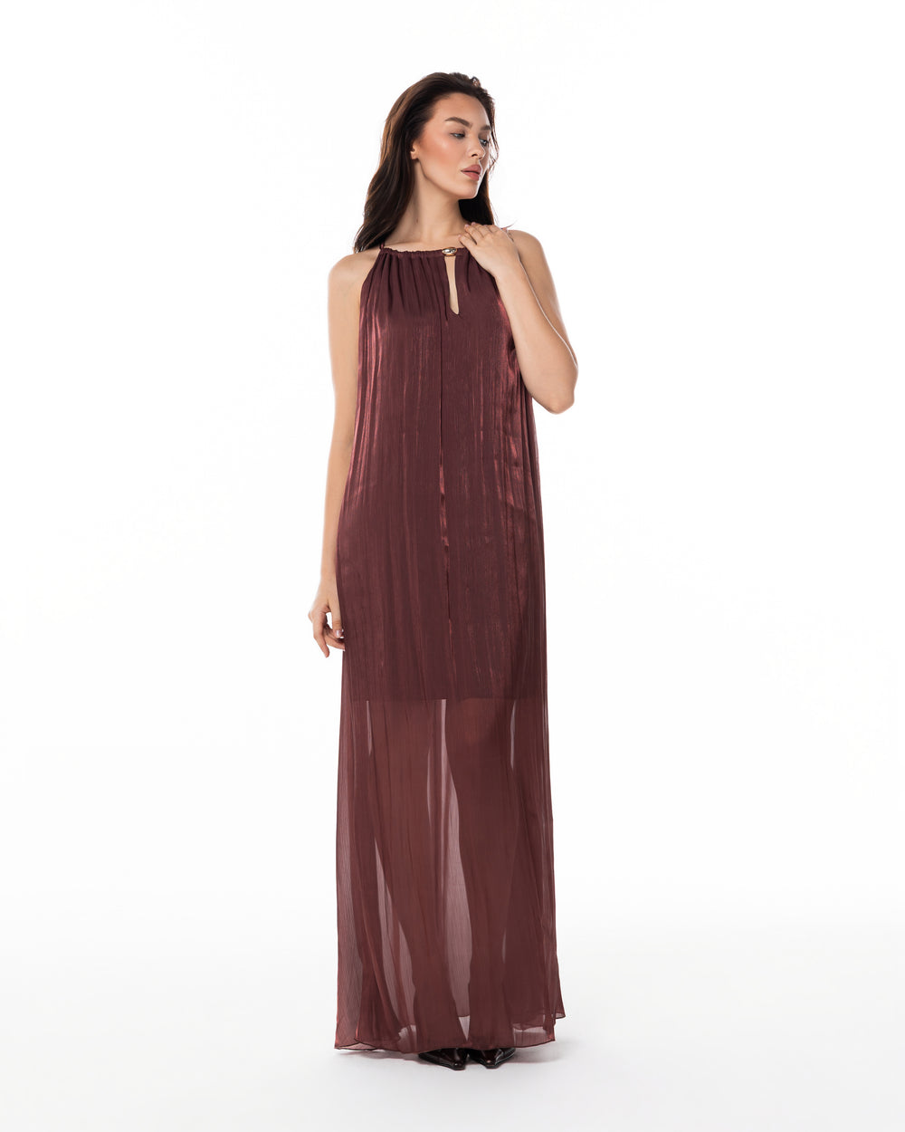 Terracotta Pleated Halter Gown