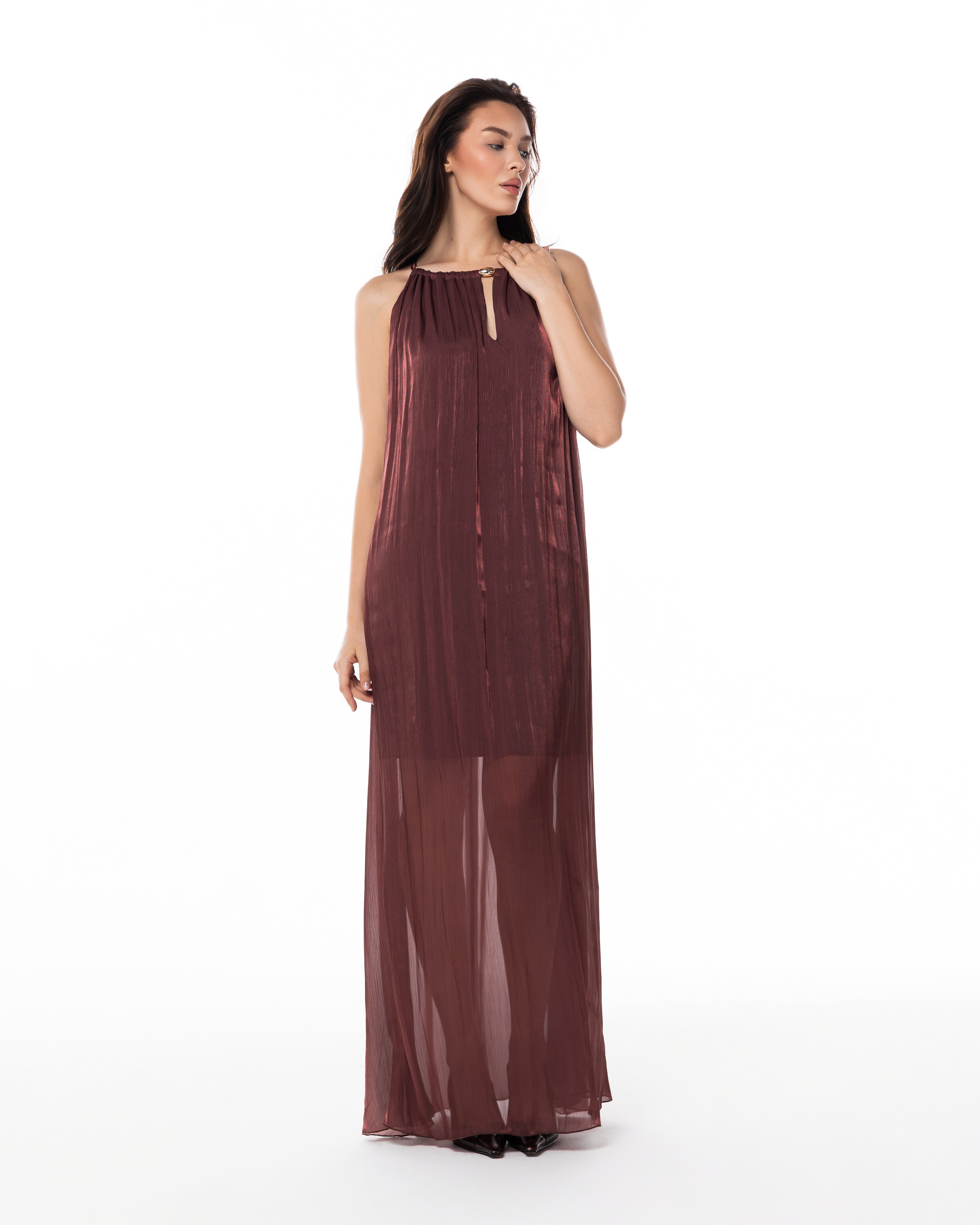 Terracotta Pleated Halter Gown