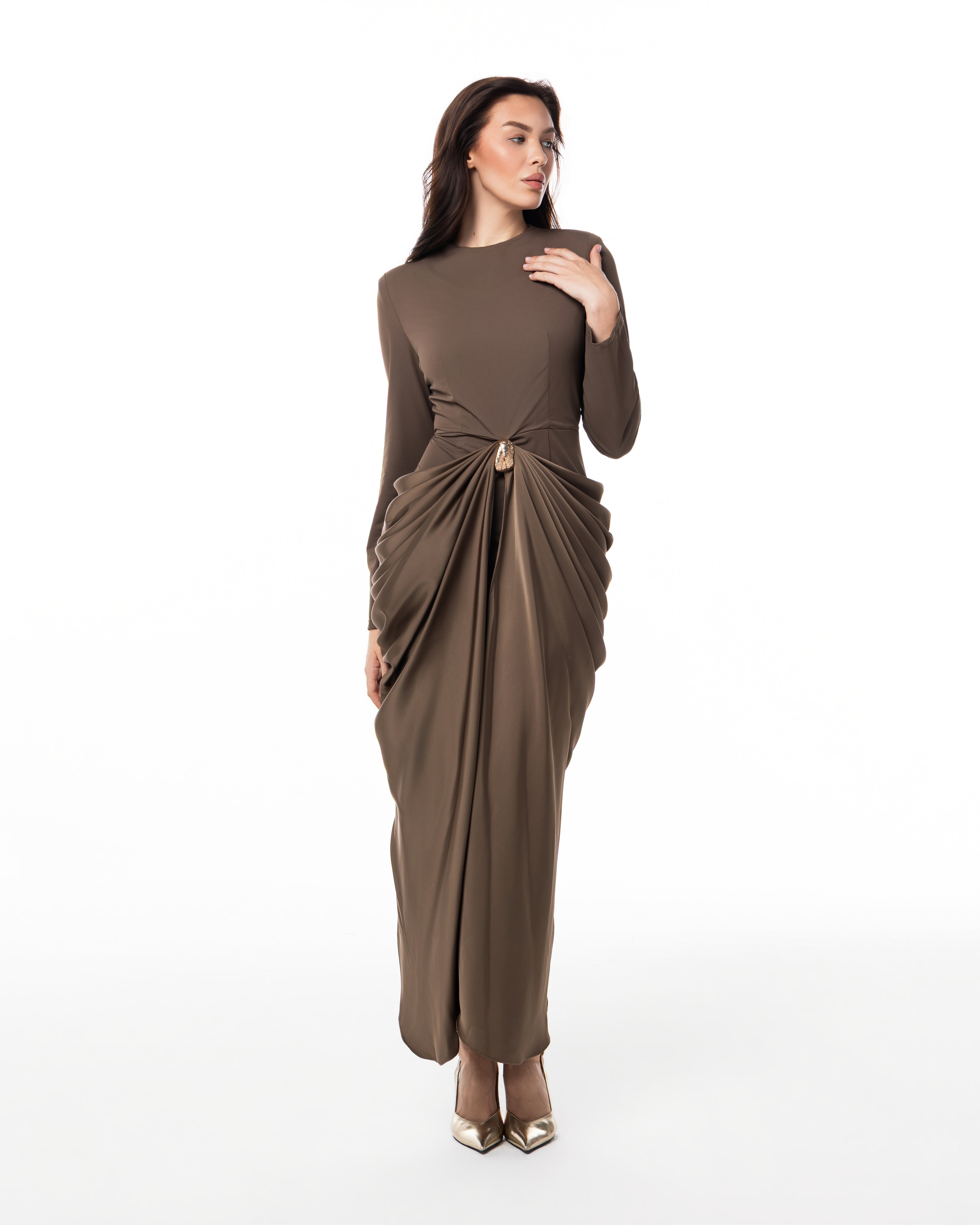 Olive Rosette Column Gown