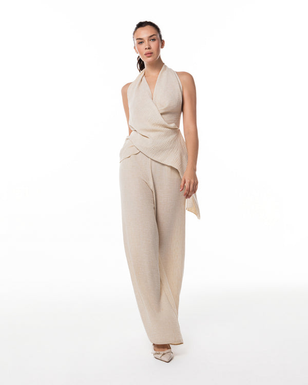 Sand Gauze Halter Trouser Set