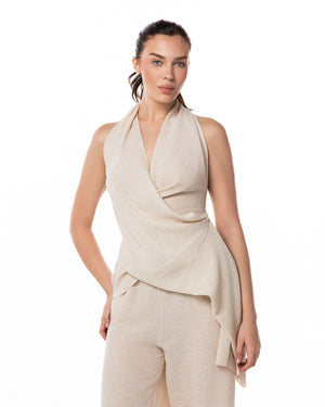 Sand Gauze Halter Trouser Set