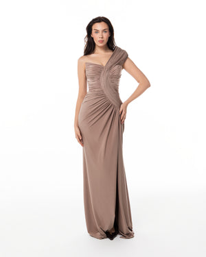 Taupe Rosette Slit Gown