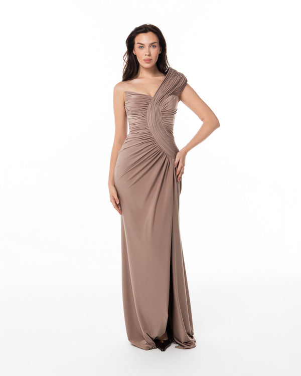 Taupe Rosette Slit Gown
