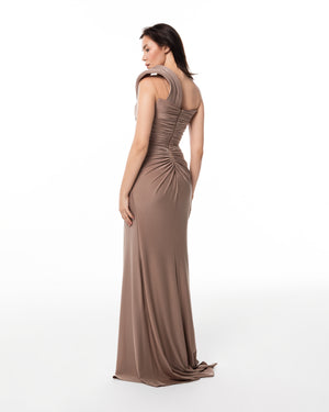 Taupe Rosette Slit Gown