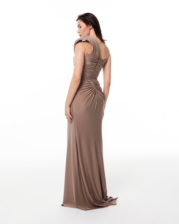 Taupe Rosette Slit Gown